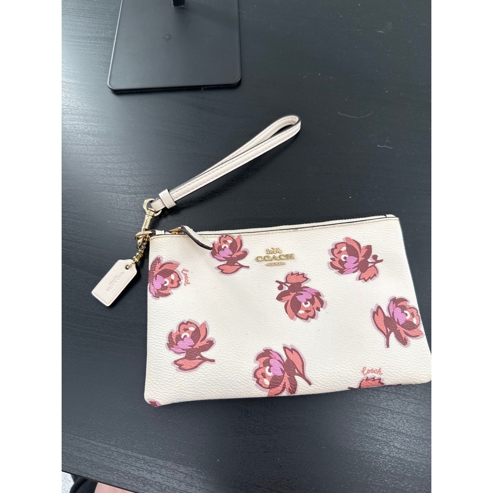 Coach White Floral Wristlet Zip Pouch Coated Canvas Leather Trim‎